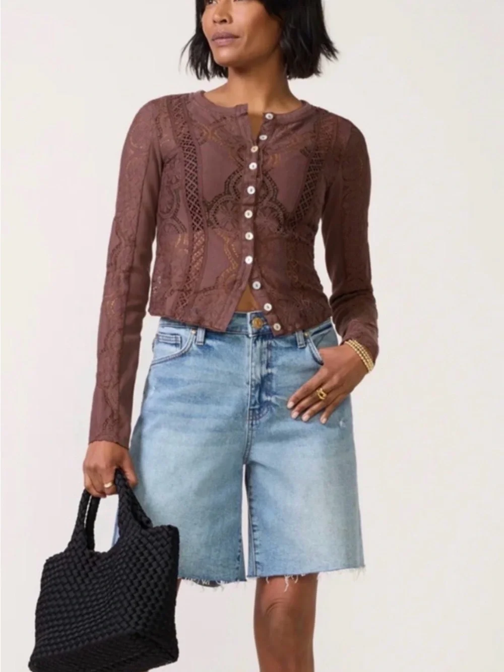 Free People Women's Jae Knit Long Sleeve Lace button up top, sz m, nwt gorgeous!